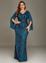 Curveins Plus Size V-Neck Long Sleeves Sequin Floral Bodycon Maxi Dress