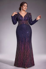Curveins Plus Size V Neck Long Sleeve Sequin Cinched Waist Bodycon Maxi Dress