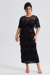 Curveins Plus Size Crew Neck Short Sleeve Sequin Fringe Velvet Maxi Dress