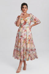 Curveins Plus Size V-Neck Flower Print Pleated Maxi Dress
