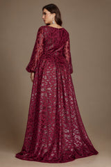 Curveins Chic Plus Size V-Neck Floral Pattern Lantern Sleeve Gown