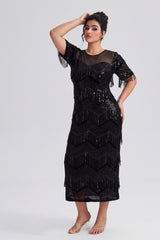 Curveins Plus Size Crew Neck Short Sleeve Sequin Fringe Velvet Maxi Dress