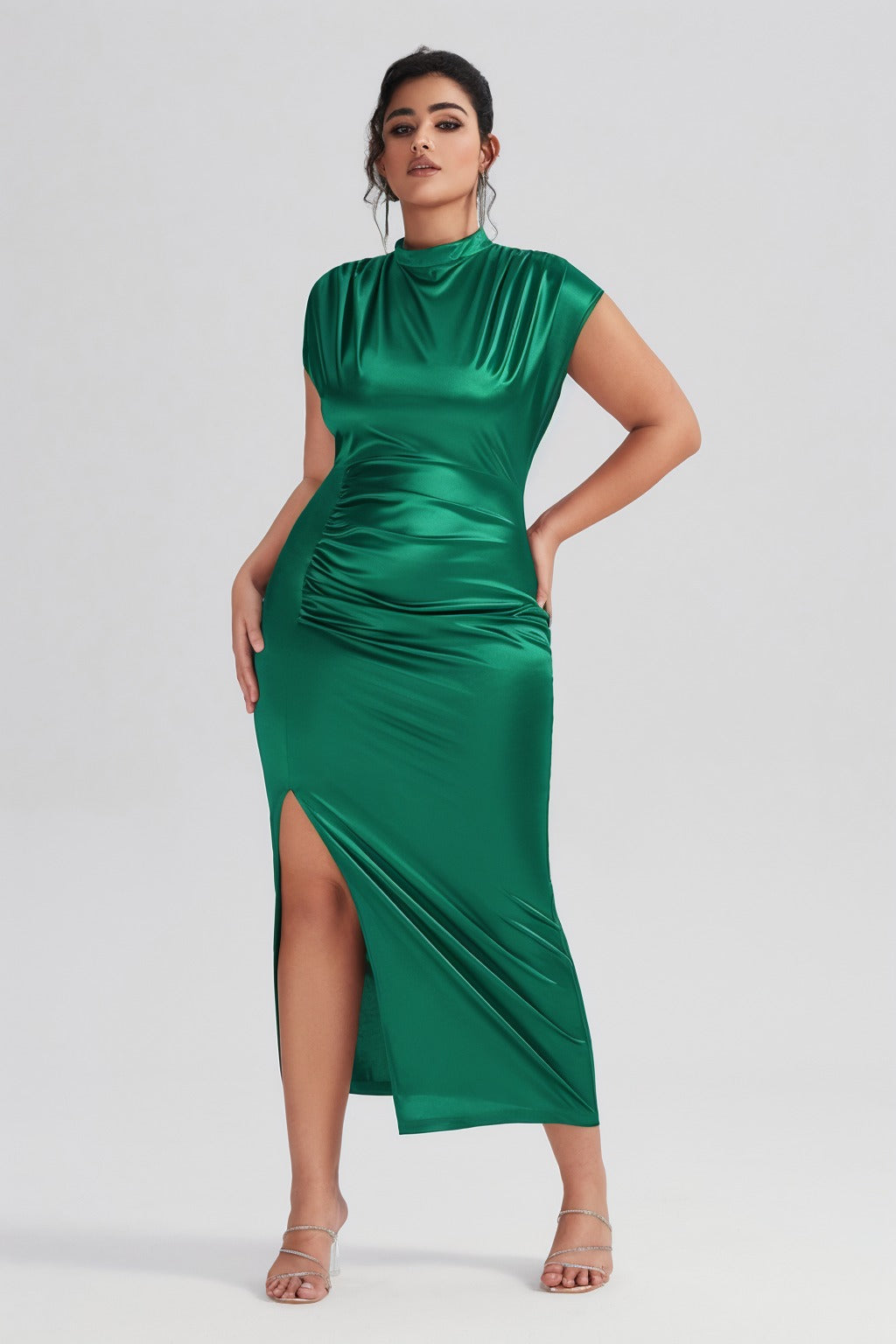 Plus Size Satin High-Waisted Green Maxi Dress