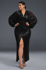 Curveins Plus Size V-Neck Striped Sequin Long Sleeve Slit Maxi Dress