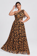 Curveins Plus Size One Shoulder Striped Cinched Waist Flowy Maxi Dress