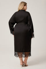 Curveins Plus Size Lace Trim Satin Chiffon Long Sleeve Soft Sleepwear Robe