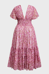 Curveins Plus Size Floral Smocked Waist Ruffle Sleeve Maxi Dress
