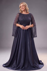 Curveins Plus Size Crew Neck Long Sleeve Sequin Panelled Elegant Evening Maxi Dress