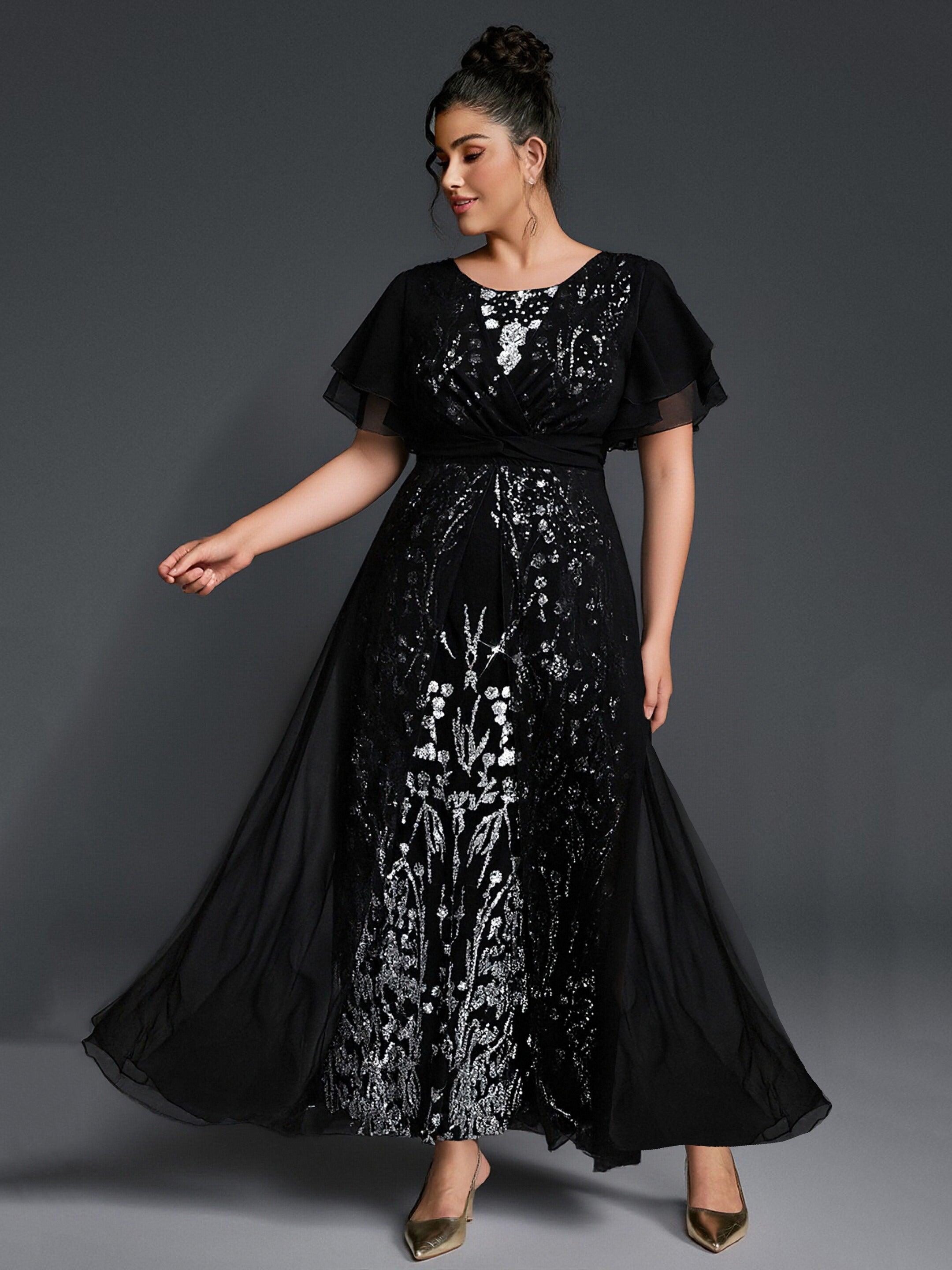 Curveins Plus Size Round Neck Ruffle Floral Sleeve Sequin Maxi Dress