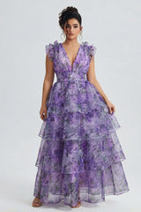 Curveins Plus Size V-Neck Sleeveless Floral Tiered Maxi Dress with Decorative Shoulder Detail