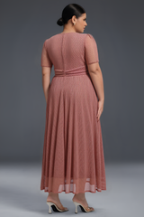 Curveins Plus Size V-Neck Short Sleeve Ruffle Hem Maxi Dress-Pink