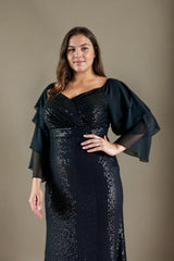 Curveins Plus Size V Neck Long Sleeve Sequin Slim Fit Maxi Dress