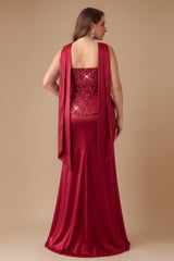 Curveins Plus Size Sequin Strapless Bodycon Maxi Dress with Scarf Detail