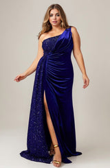 Curveins Plus Size One Shoulder Sequin Velvet Patchwork High Slit Maxi Dress