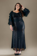 Curveins Plus Size V Neck Long Sleeve Sequin Slim Fit Maxi Dress
