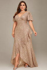 Curveins Plus Size V-Neck Short Sleeve Sequin Ruffle Slit Evening Gown