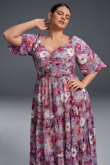 Curveins Plus Size V-Neck Flower Print Pleated Maxi Dress