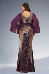 Curveins Plus Size Sparkling V-Neck Batwing Long-Sleeve Curve-Fit Maxi Dress
