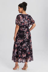 Curveins Plus Size V Neck Puff Sleeve Waist Defining Floral Print Elegant Maxi Dress