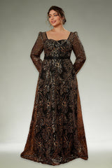 Curveins Plus Size Square Neck Long Sleeve Waist-Defined Sequin Pattern Dress