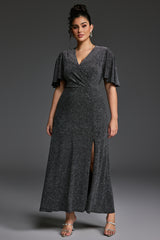Curveins Plus Size V-Neck Ruffle Sleeve Maxi Dress