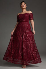 Curveins Plus Size Off-Shoulder Waist Cinched Striped Sequin Maxi Evening Dress