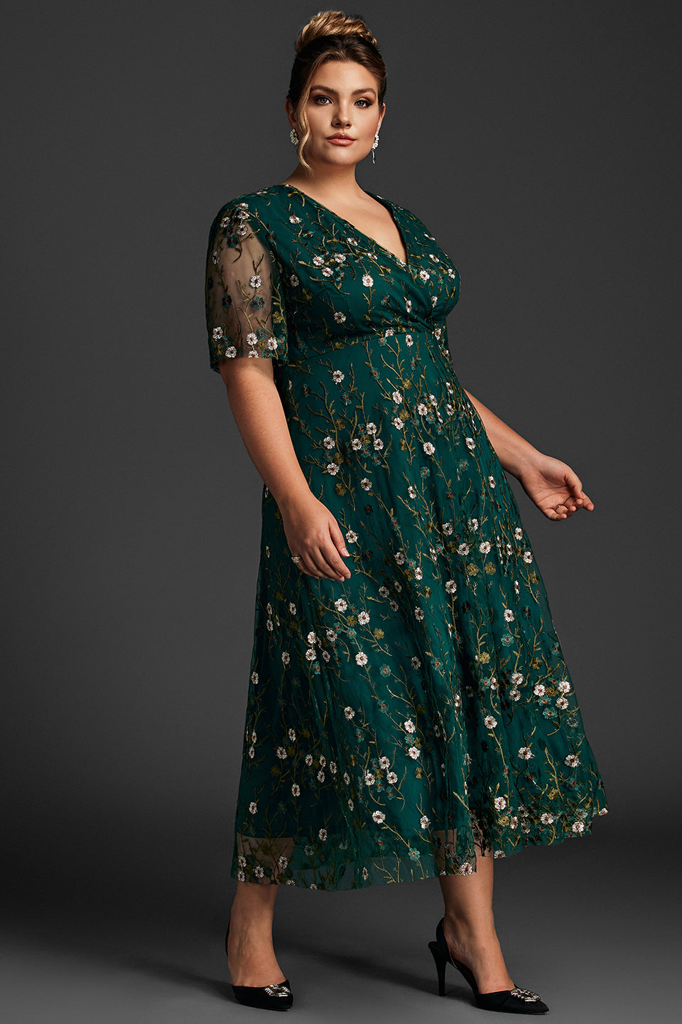 Curveins Plus Size V-Neck Ruffle Sleeve Embroidered Maxi Dress