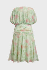 Curveins Plus Size V Neck Puff Sleeve Waist Defining Floral Print Elegant Maxi Dress