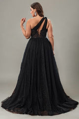 Curveins Plus Size One-Shoulder Waist-Defined Slit Back Cutout Maxi Dress