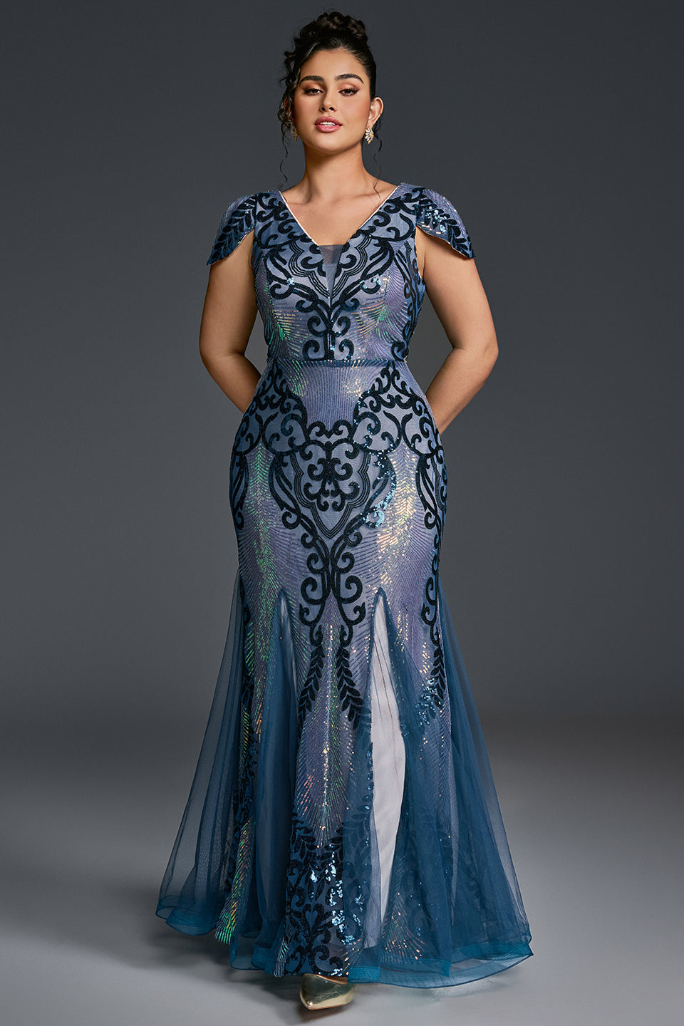 Curveins Plus Size Sequin V-Neck Bodycon Maxi Dress