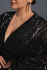 Curveins Plus Size V-Neck Striped Sequin Long Sleeve Slit Maxi Dress