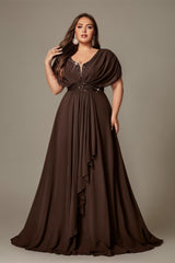 Curveins Plus Size V-Neck Short Sleeve Asymmetrical A-Line Maxi Dress