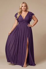 Curveins Plus Size V-Neck Ruffle Sleeve Split A-Line Maxi Dress