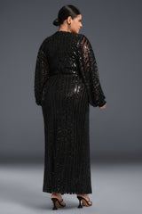 Curveins Plus Size V Neck Sequins Lantern Sleeve Slit Mesh Dress