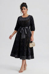 Curveins Plus Size Round Neck Floral Embroidery Belted Velvet Midi Dress