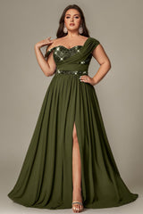 Curveins Plus Size Asymmetric One-Shoulder Sequin Side-Slit Maxi Dress