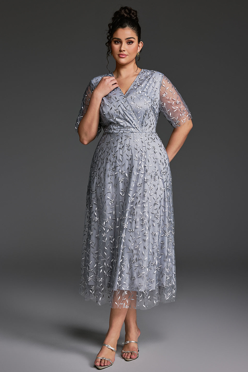 Curveins Plus Size V-Neck Ruffle Sleeve Embroidered Maxi Dress