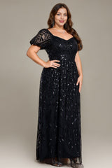 Curveins Plus Size Short Sleeve Embroidered Sequin Puff Sleeve Elegant Maxi Dress