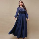 Curveins Plus Size Round Neck Long Sleeve Pleated Maxi Dress