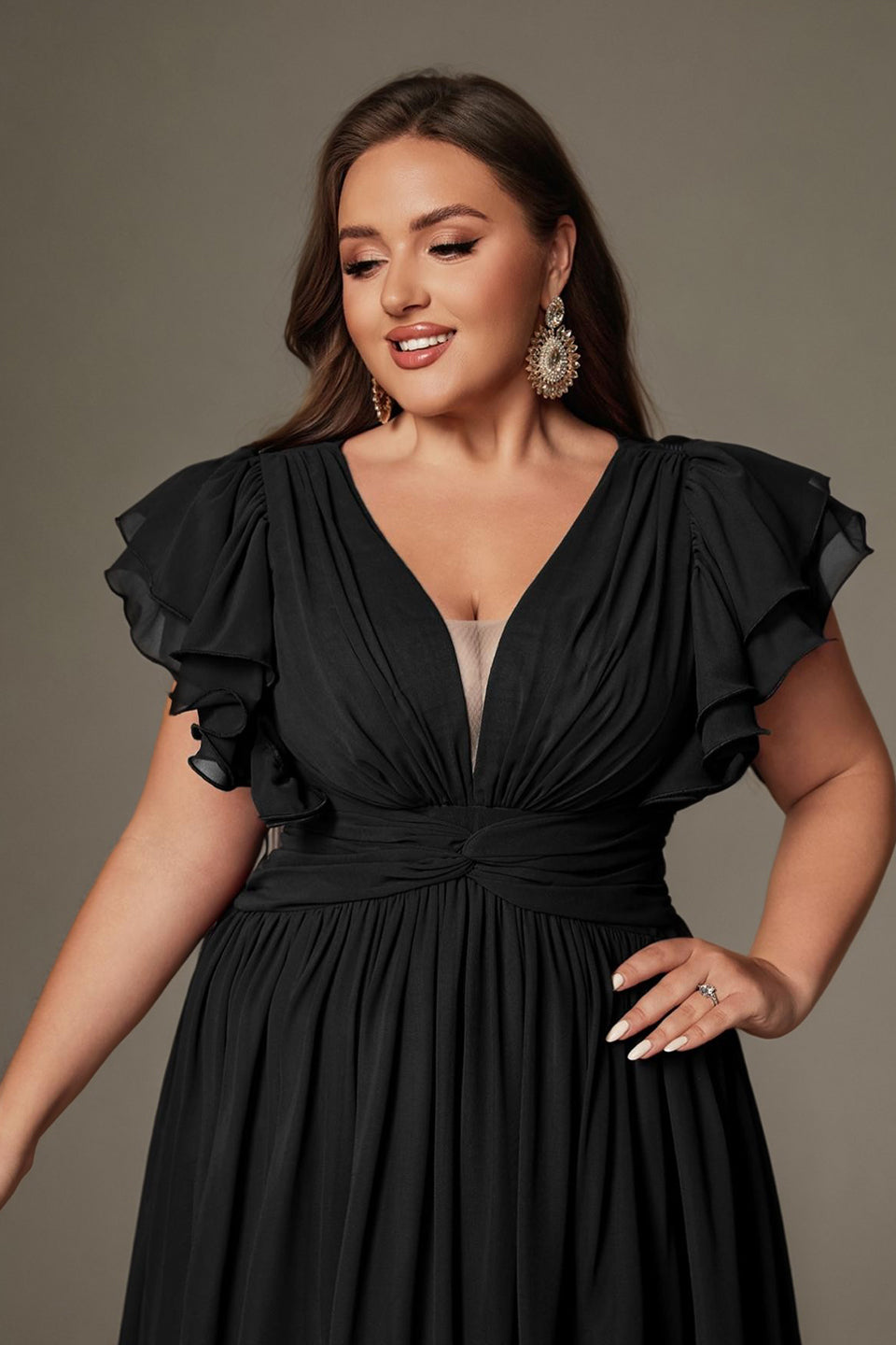 Curveins Plus Size V-Neck Ruffle Sleeve Split A-Line Maxi Dress