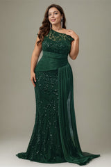 Curveins Plus Size One Shoulder Sleeveless Embroidered Sequin Patchwork Bodycon Maxi Dress