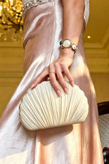 Curveinse Beige Shell Pearl Embellished Elegant Evening Clutch Bag