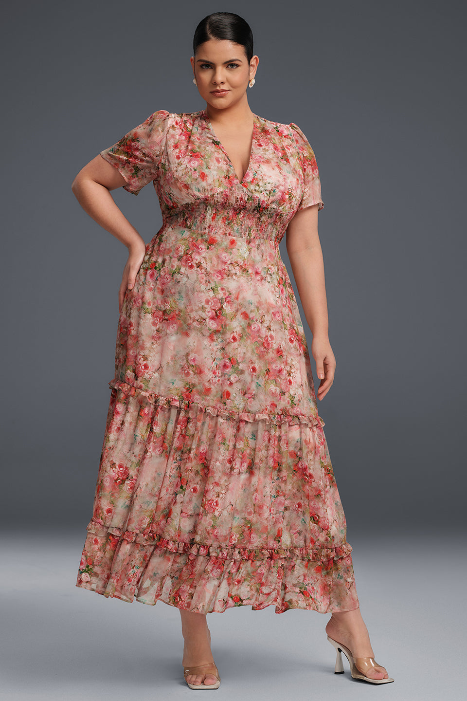 Curveins Plus Size V-Neck Floral Ruffle Sleeve Maxi Dress