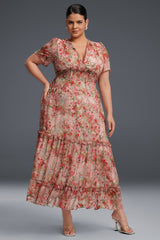 Curveins Plus Size V-Neck Floral Ruffle Sleeve Maxi Dress