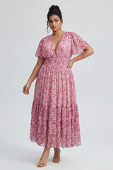 Curveins Plus Size Floral Smocked Waist Ruffle Sleeve Maxi Dress