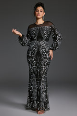Curveins Plus Size Sheer Round Neck Puff Sleeve Patterned Sequin Bodycon Maxi Dress
