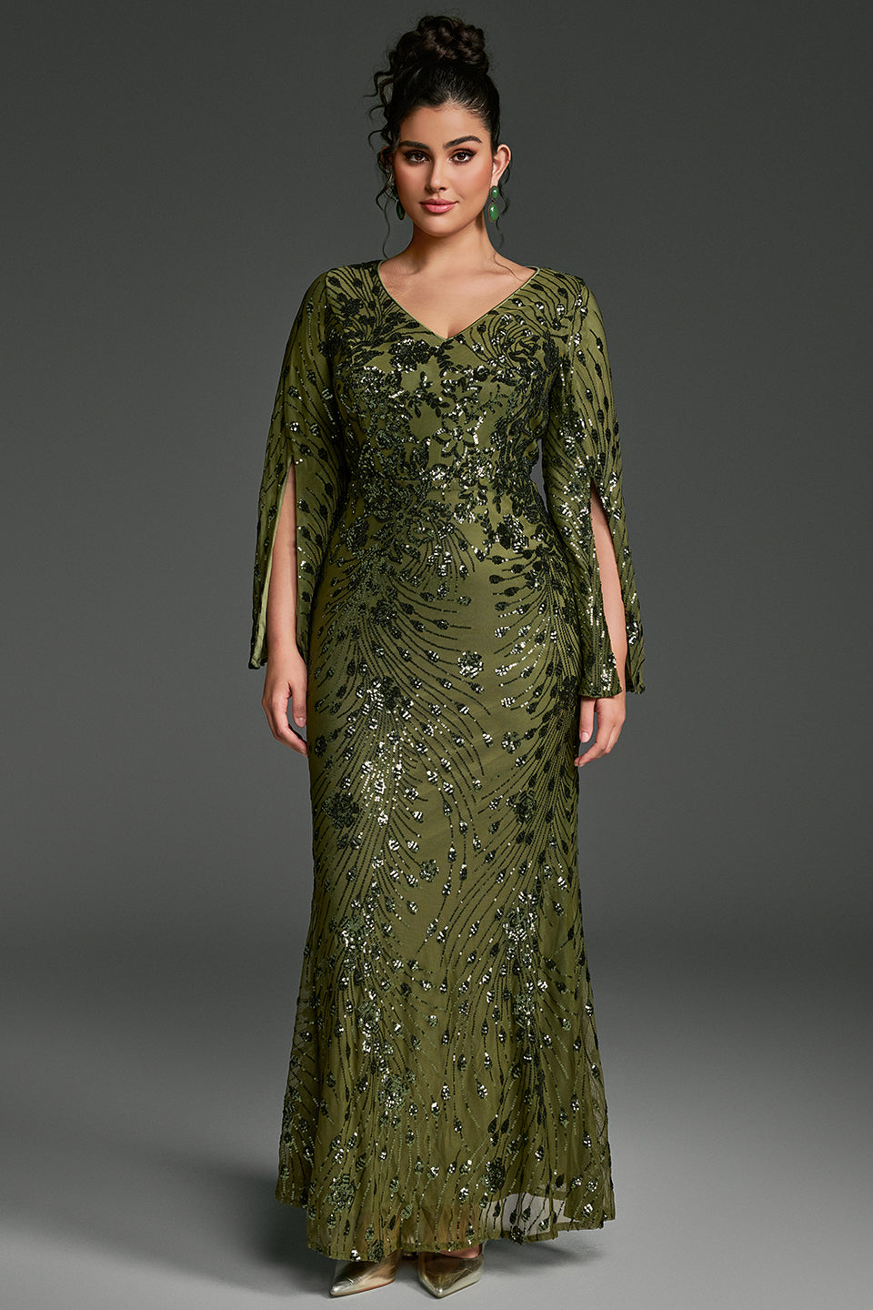 Curveins Plus Size V-Neck Long Sleeves Sequin Floral Bodycon Maxi Dress