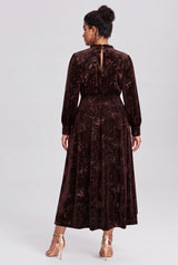 Curveins Plus Size Long Sleeve Velvet Patterned Elegant Flattering Maxi Dress