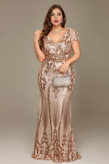 Curveins Plus Size V Neck Short Sleeve Bodycon Sequin Party Maxi Dress