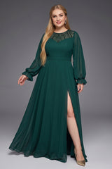 Curveins Plus Size Round Neck Lantern Sleeve Waist-Defining Sequin Panel Slit Maxi Dress